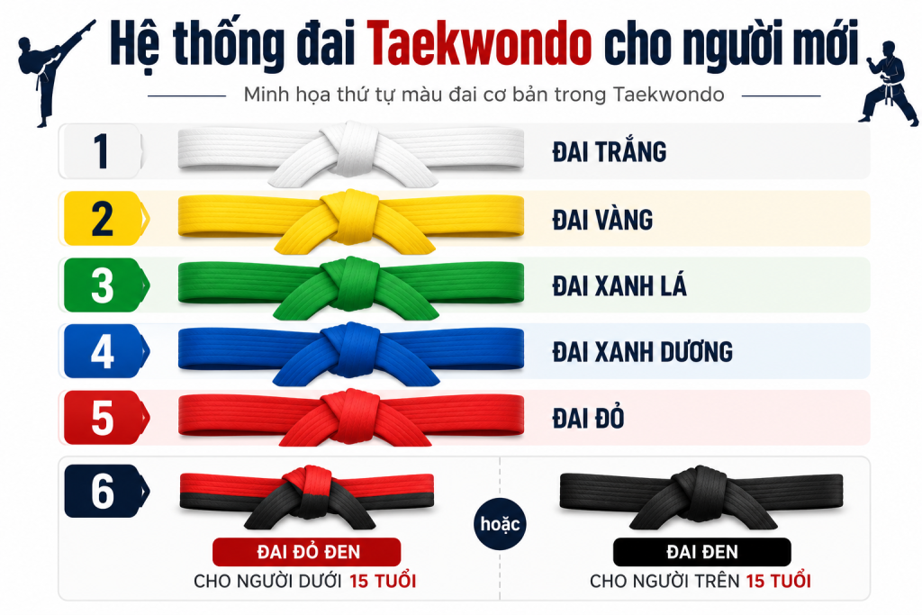Minh họa hệ thống màu đai Taekwondo cơ bản cho người mới